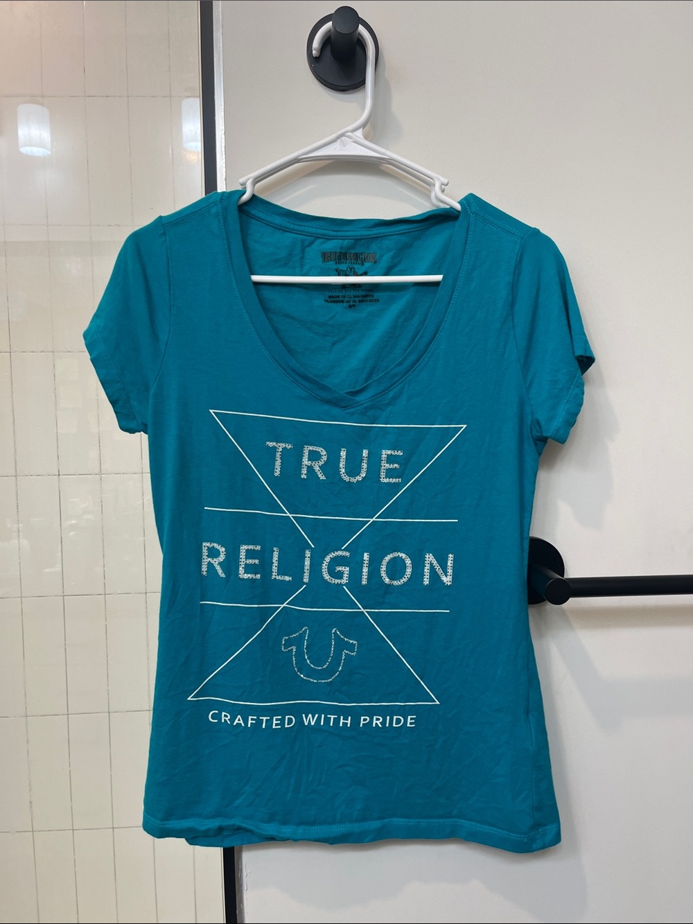 True Religion Teal V-Neck Logo Tee